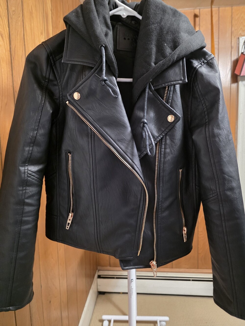 NWOT Black Faux Leather Moto Jacket with Hood